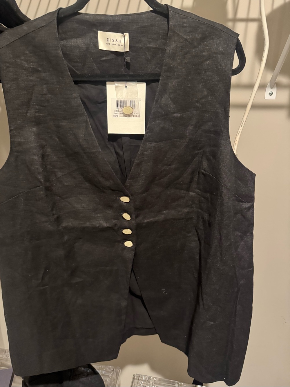 DISSH Black Sleeveless V-Neck Button Vest